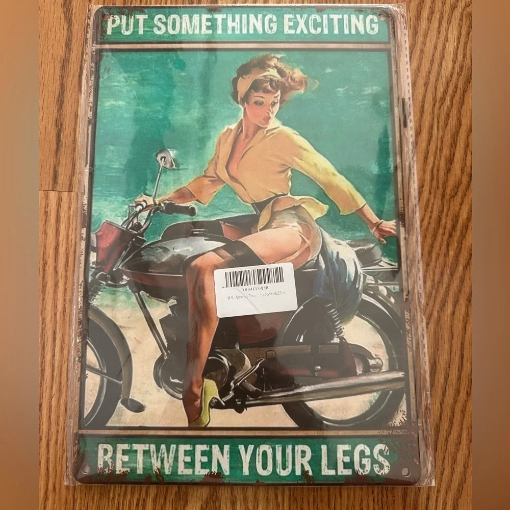 Sign Motorcycle Pinup Girl Put Something Exciting  Funny Decor Metal Posters